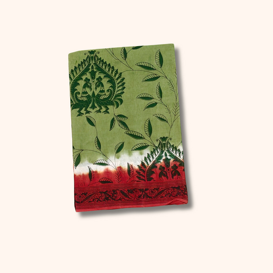 Pista Green Kalamkari Printed Cotton Saree with Red Border – Separate Blouse