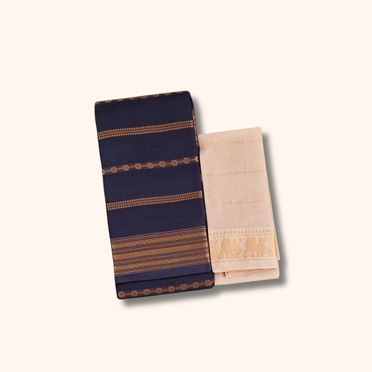 Navy Blue Sungudi Cotton Saree with Cream Peacock Border Blouse
