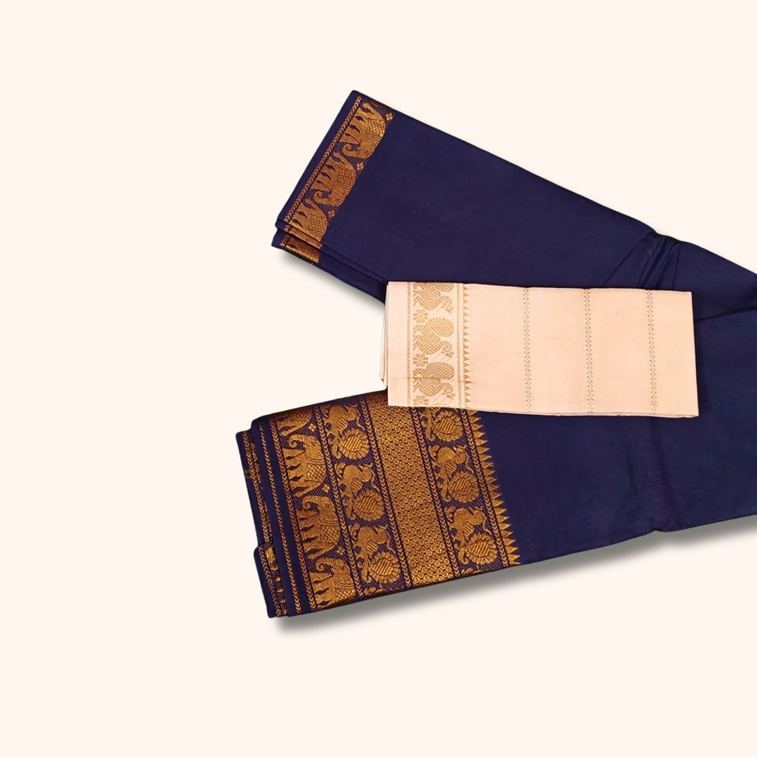 Navy Blue Pure Cotton Saree with Cream Contrast Blouse