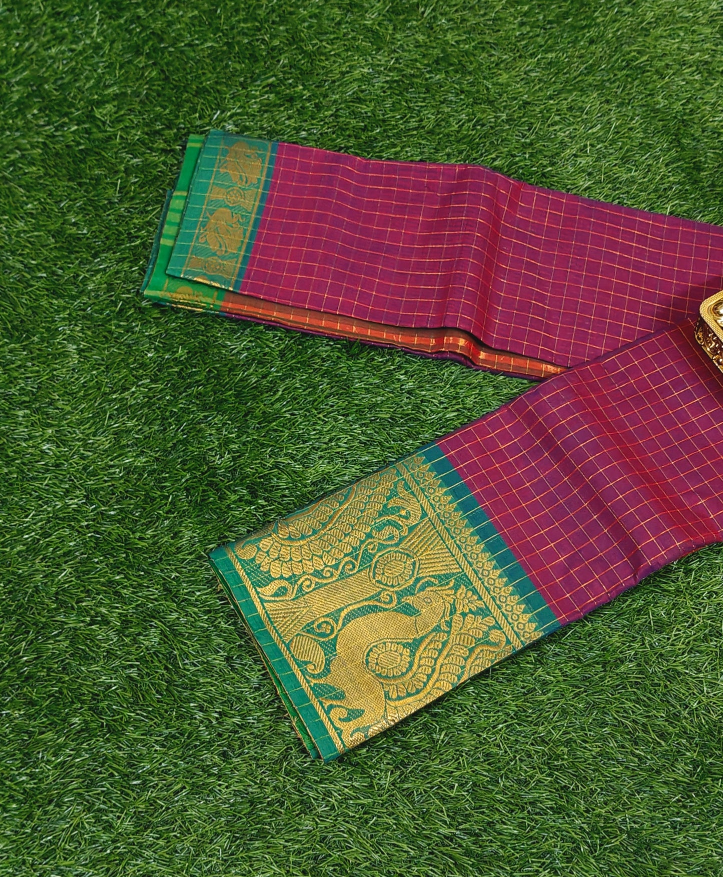 Rose Pink Chettinad Cotton Saree with Gold Zari Checks