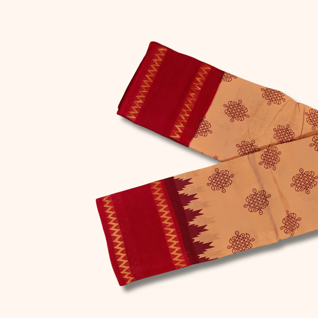 Peach Cotton Saree with Maroon Temple Border – Running Blouse