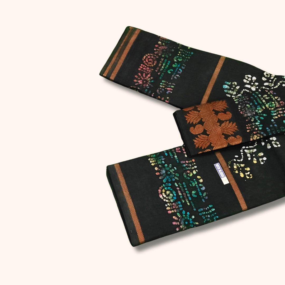 Dark Green Sungudi Cotton Saree with Multicolor Batik Floral Design & Matching Blouse Piece