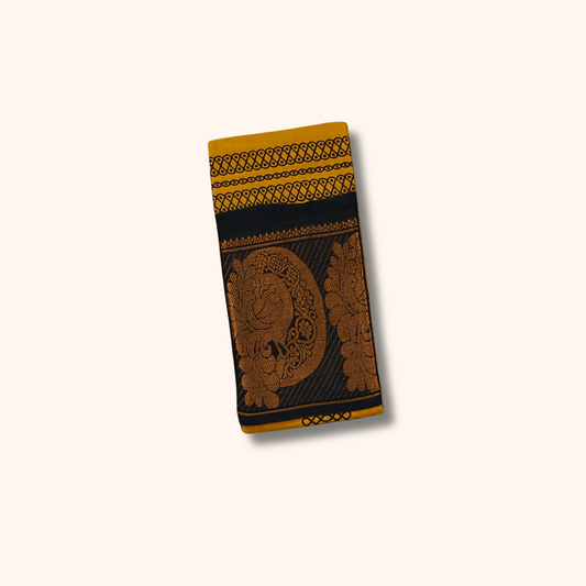 Mustard Kolam Print Cotton Saree with Black Peacock Border
