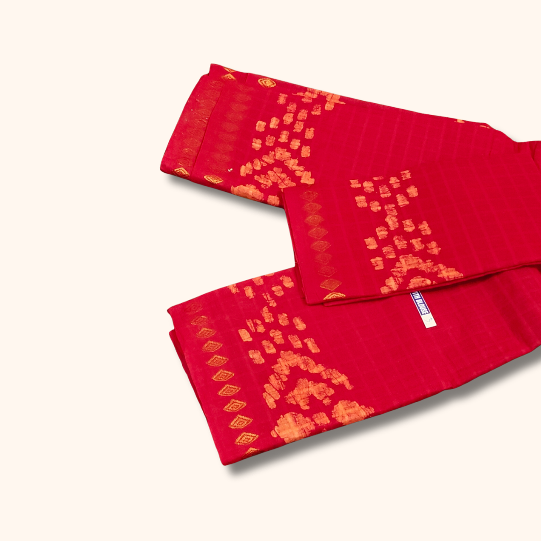Ruby Red Sungudi Cotton Saree with Traditional Batik Border & Matching Blouse Piece