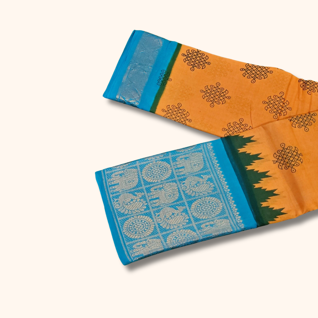 Mustard Yellow Kolam Cotton Saree with Sky Blue Elephant Zari Border