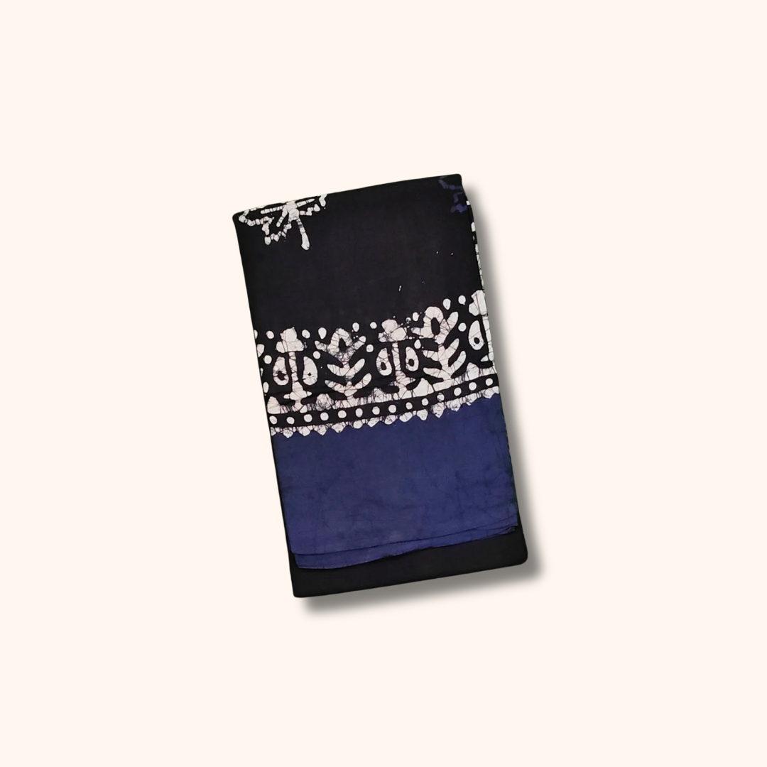 Black & Navy Blue Batik Printed Cotton Saree with Blouse Piece