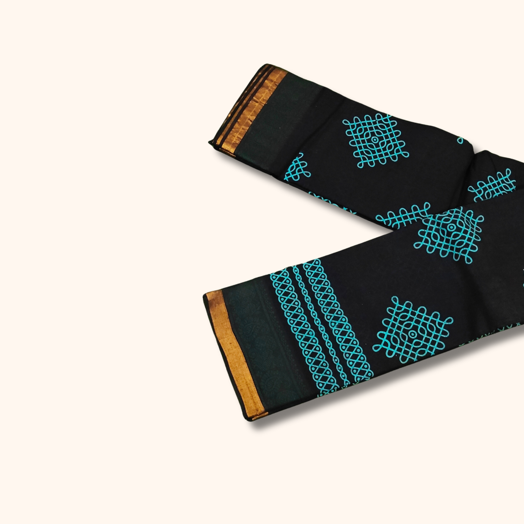 Black Kolam Print Cotton Saree with Dark Green Border