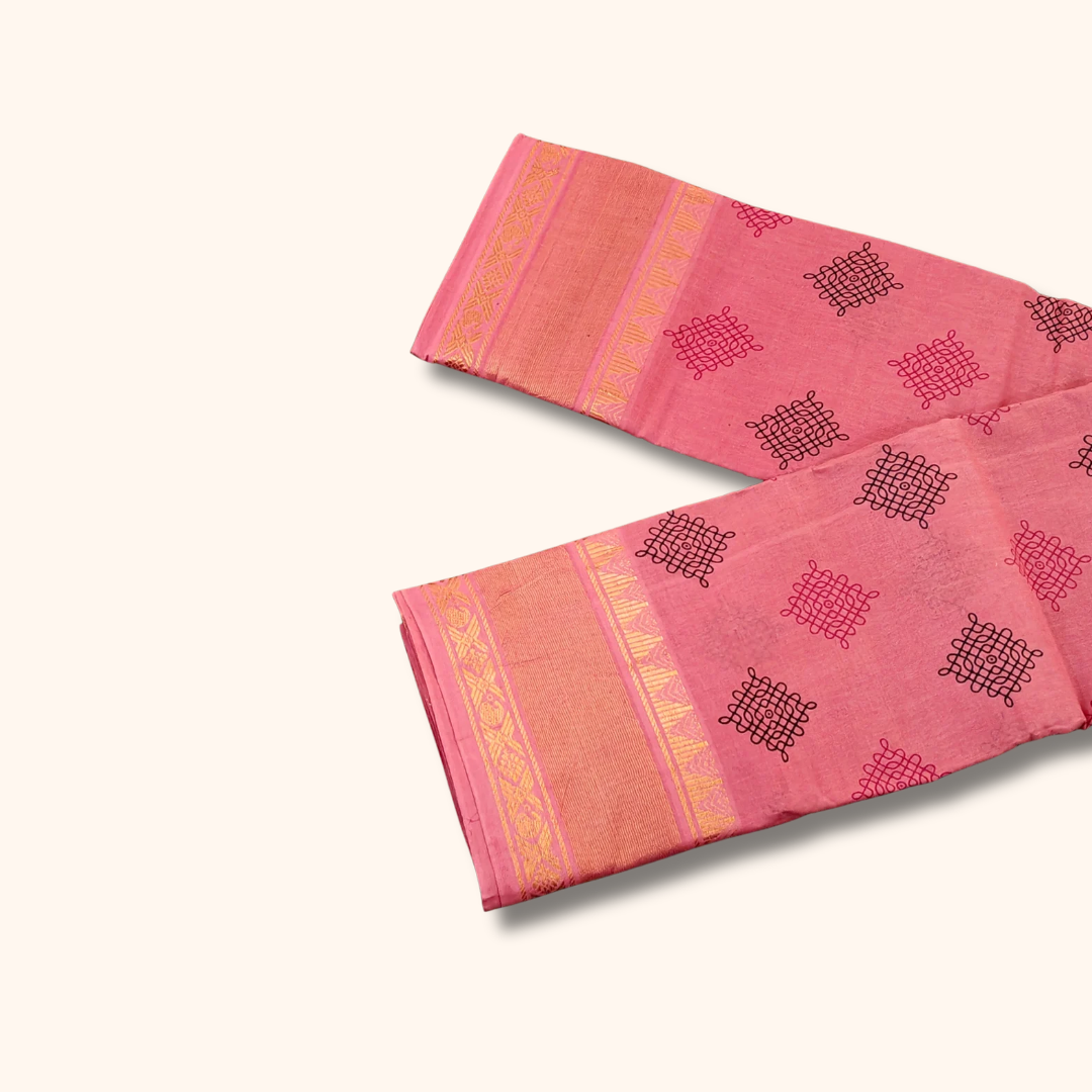 Coral Pink Sungudi Cotton Saree with Kolam Print & Gold Zari Border