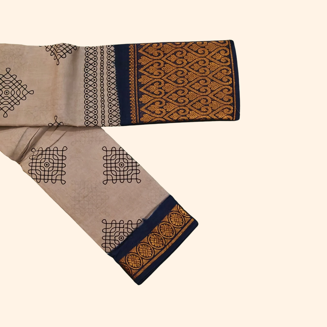Ash Grey Kolam Cotton Saree with Navy Blue Designer Border