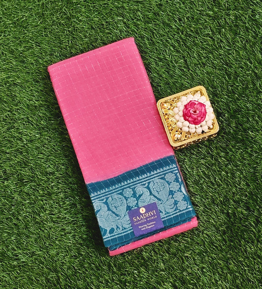 Pink Sungudi Cotton Saree with Peacock Motif Border