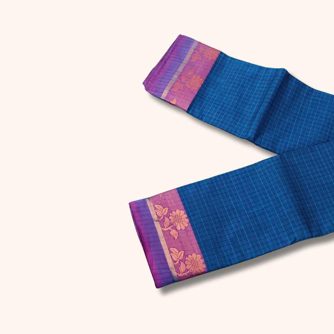 Dark sky Blue Checked Thread Work Zari Chettinad Cotton Saree