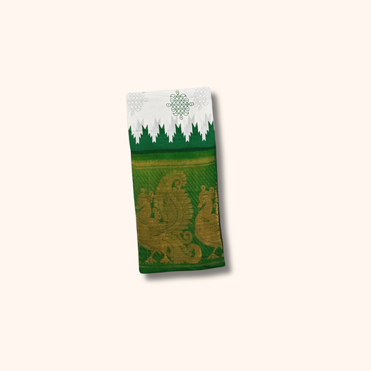White Sungudi Cotton Saree with Green and Gold Zari Peacock Border – No Blouse Included