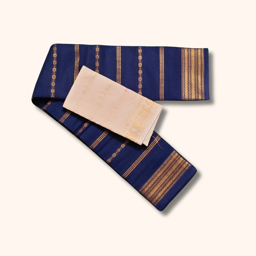 Royal Blue Sungudi Cotton Saree with Gold Woven Stripes & Contrast Cream Blouse Piece