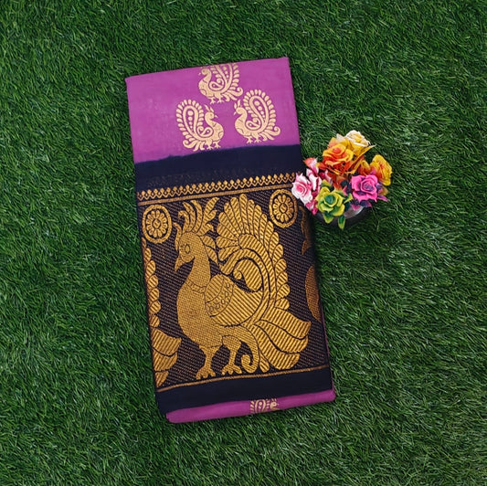 Authentic Magenta Cotton Saree with Rich Peacock Woven Border