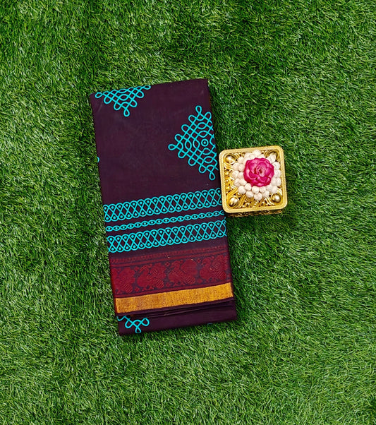 Deep Maroon Sungudi Cotton Saree with Teal Kolam Design & Zari Border