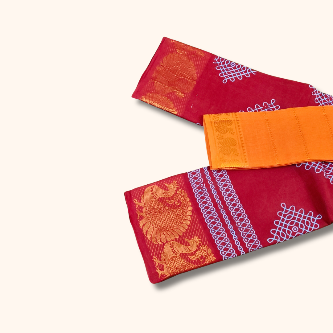 Ruby Red Sungudi Cotton Saree with White Kolam Print & Peacock Border