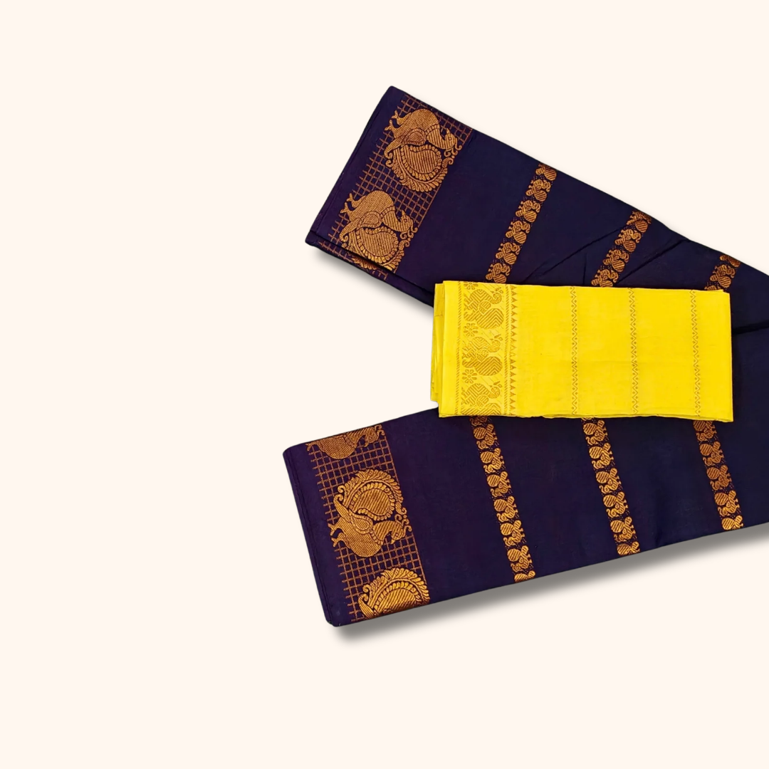 Navy Blue Cotton Saree with Golden Peacock Border & Yellow Blouse Piece
