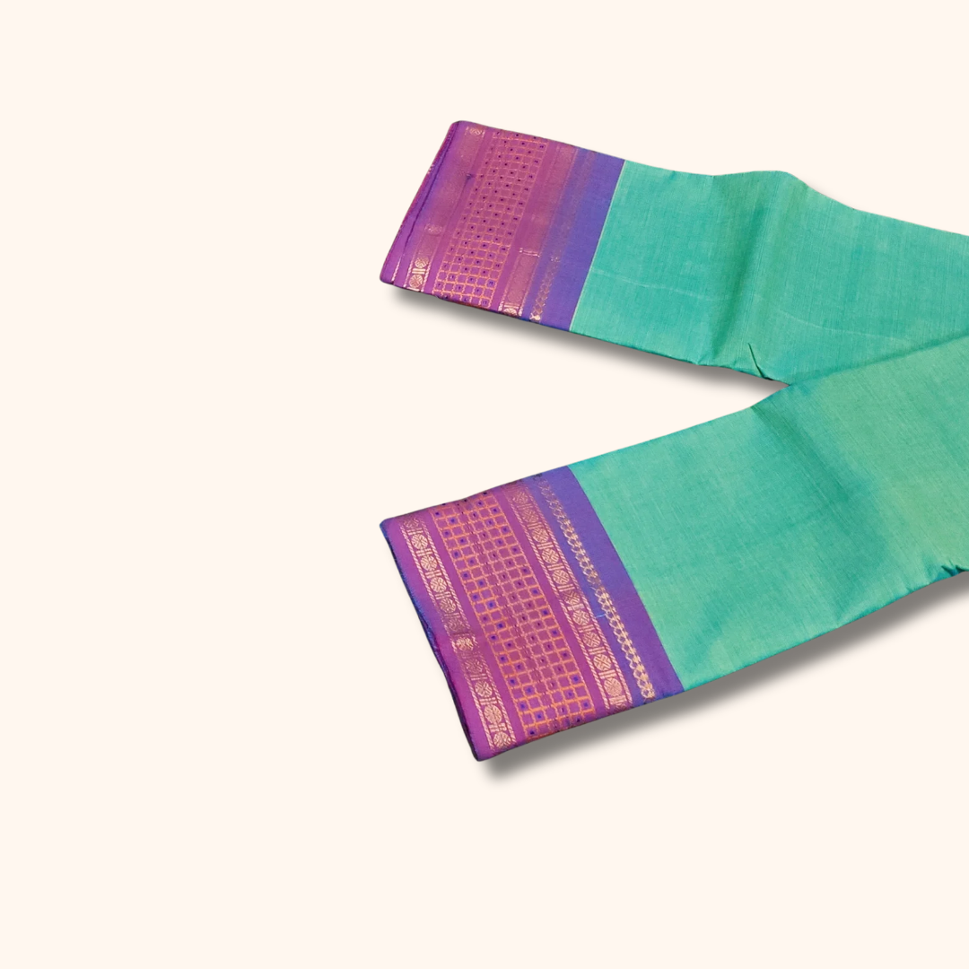 Sea Green Chettinad Cotton Saree with Royal Purple Traditional Border