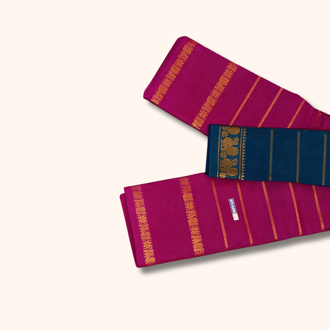 Magenta Cotton Saree with Gold Zari Stripes & Traditional Border – Navy Blue Blouse