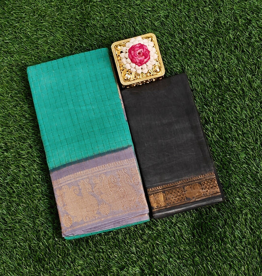 Teal Green Sungudi Cotton Saree with Grey Zari Border