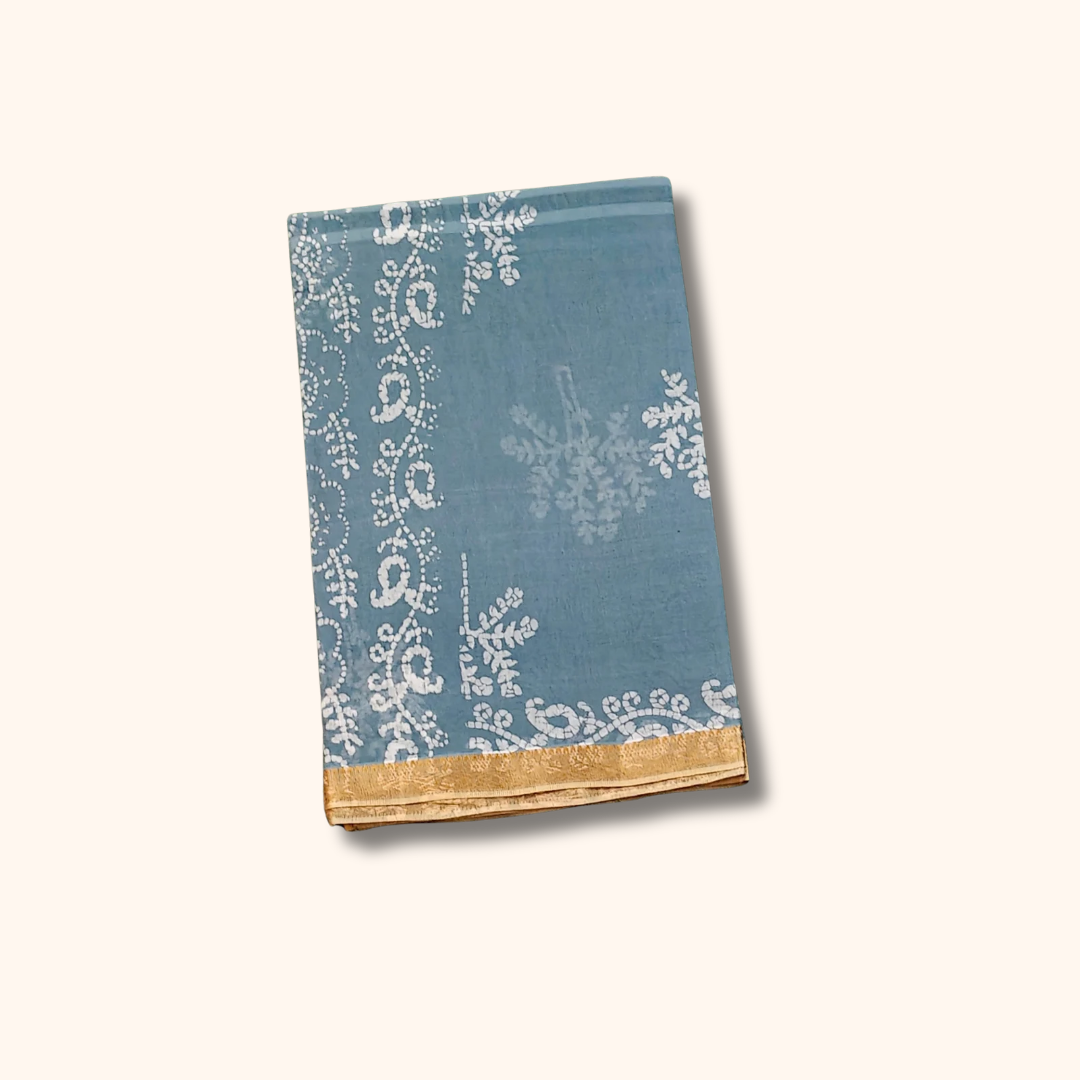 Dusty Blue Kalamkari Cotton Saree with Gold Border – Separate Blouse
