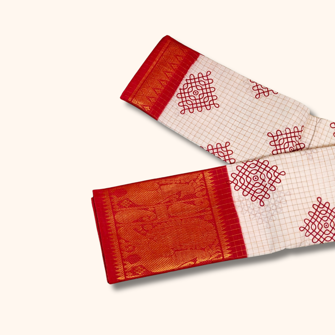 White Checked Kolam Design Cotton Saree with Red Zari Border