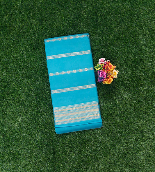 Authentic Turquoise Blue Cotton Saree with Gold Zari Border