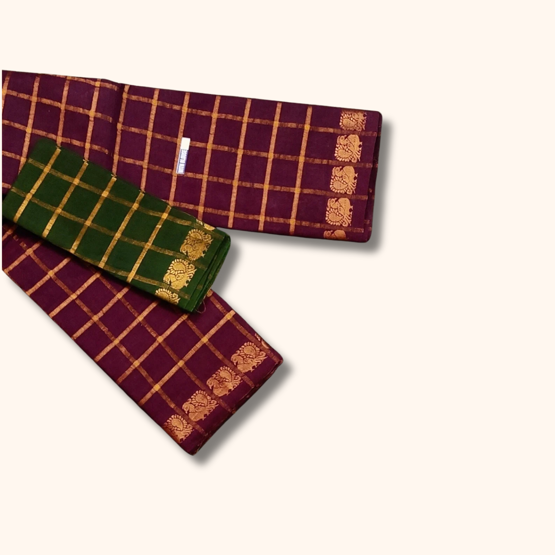 Pavithra Kattam Sungudi Cotton Saree – Deep Maroon with Gold Checks & Traditional Motif Border