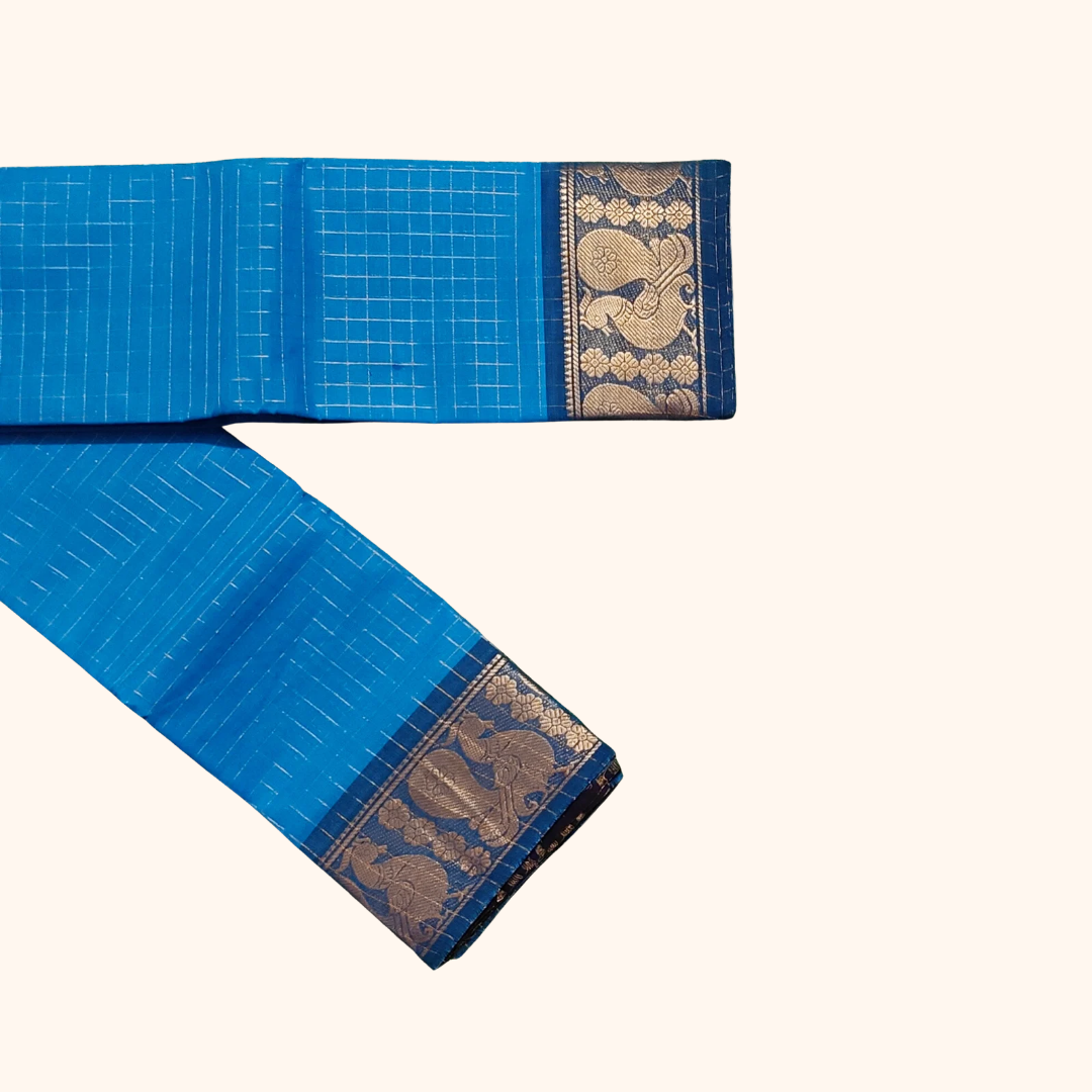 Sky Blue Chettinad Cotton Saree with Traditional Peacock Border