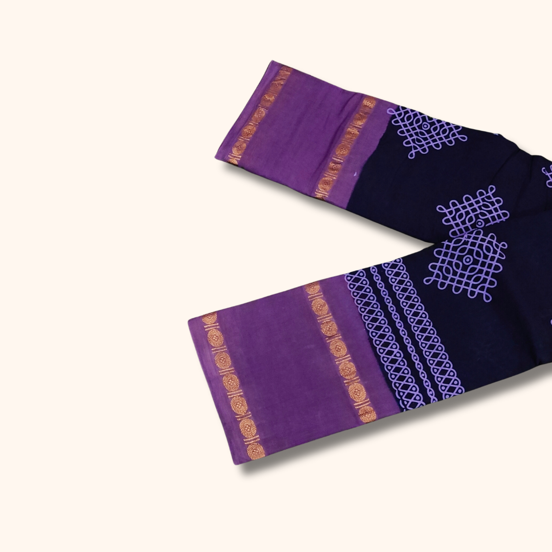 Navy Blue Sungudi Cotton Saree with Lavender Contrast Border