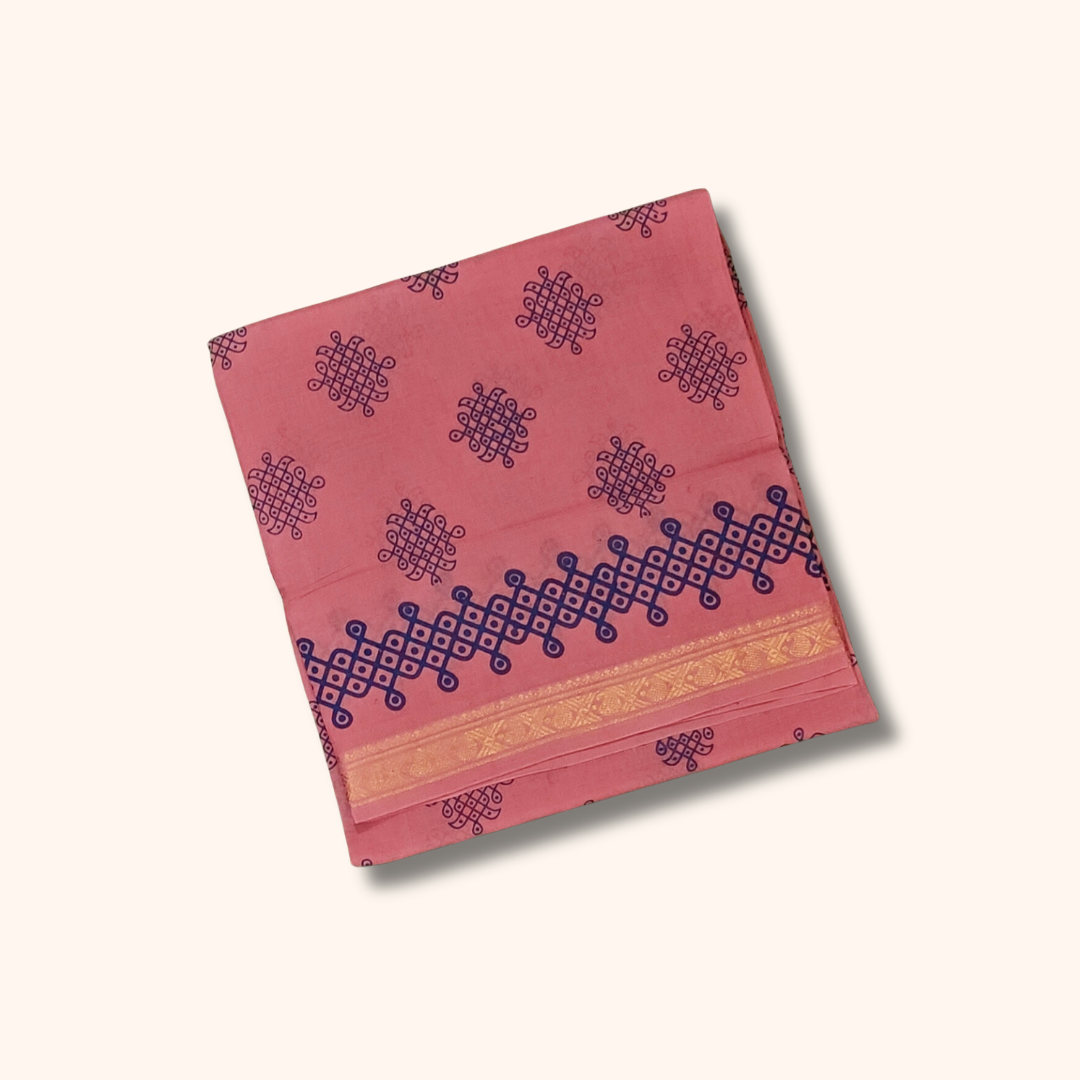 Rose Pink Sungudi Kolam Saree with Traditional Border