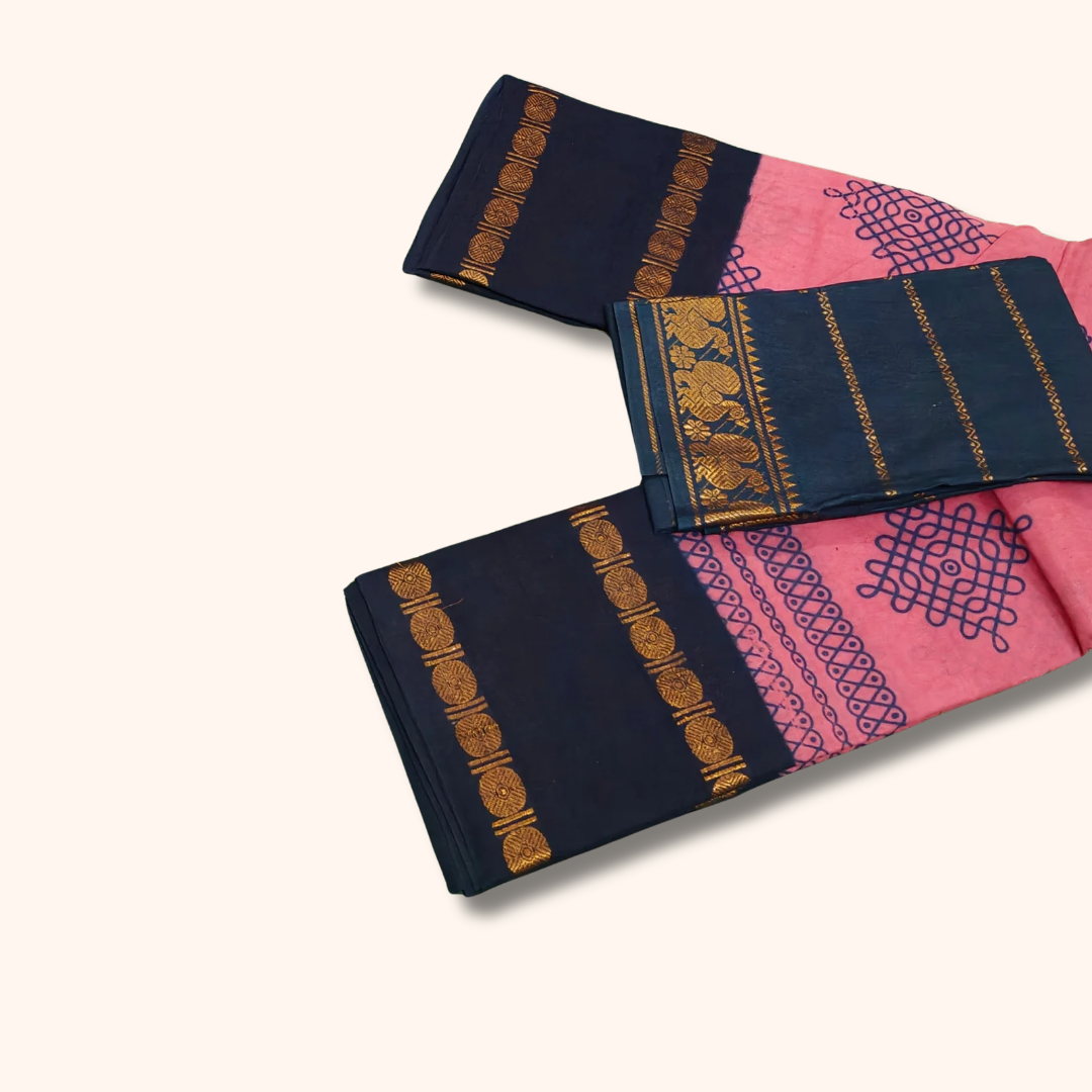 Pink Sungudi Kolam Cotton Saree with Contrast Navy Blue Blouse Piece