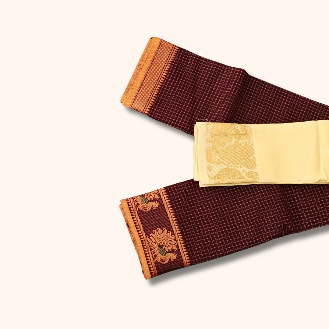 Maroon Thread Work Zari Chettinad Cotton Saree with Separate Blouse