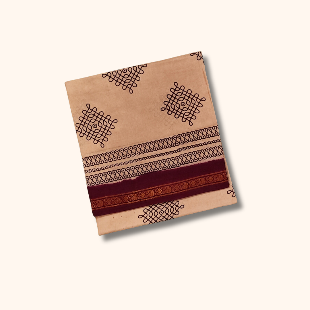 Beige Soft Cotton Saree with Maroon Border