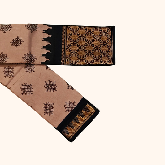 Rose Beige Sungudi Cotton Saree with Traditional Black Zari Border