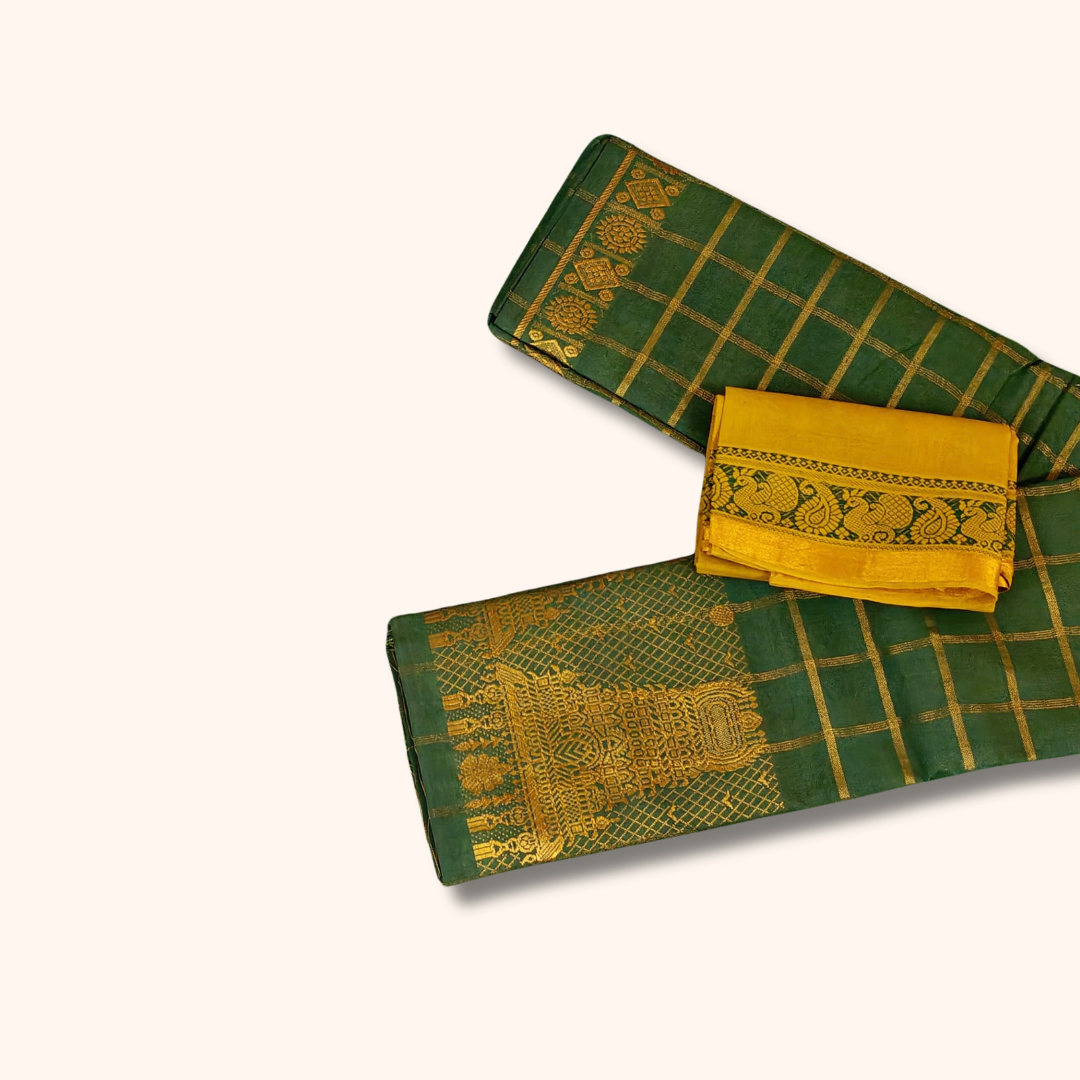 Dark Green Sungudi Cotton Saree with Gold Zari Checks & Designer Pallu – Separate Blouse Piece