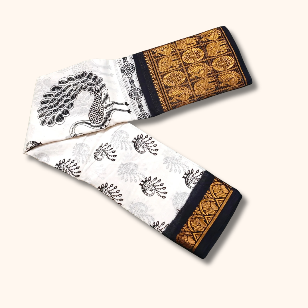 Elegant White Sungudi Cotton Saree with Black & Gold Ethnic Border