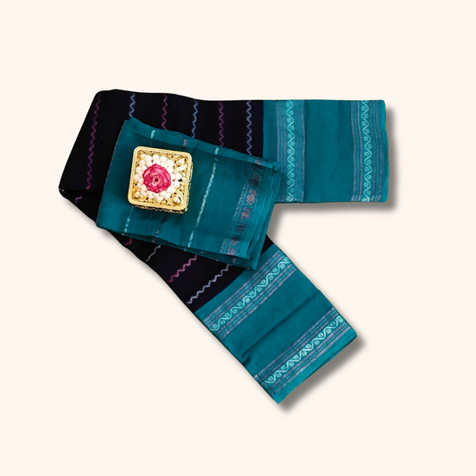 Black & Teal Sungudi Cotton Saree with Separate Blouse