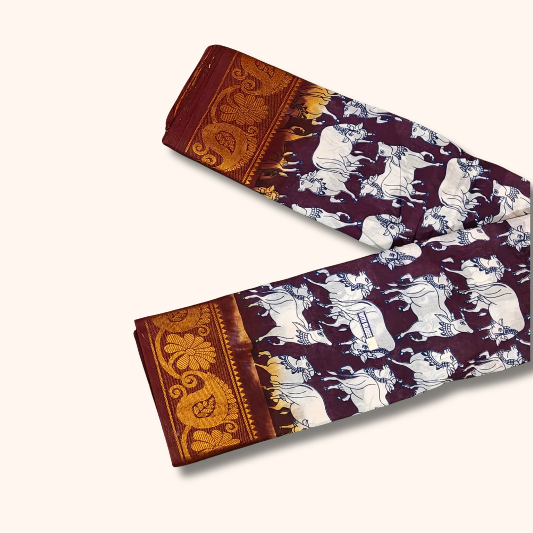 Wine Maroon Cow Print Sungudi Cotton Saree with Antique Gold Border