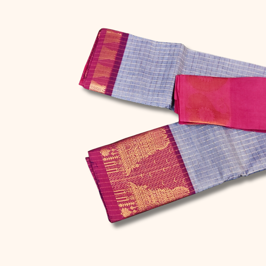Sky Blue Temple Border Chettinad Cotton Saree with Pink Blouse Piece