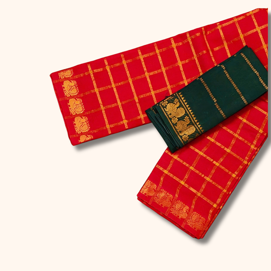 Red Checked Cotton Saree with Gold Zari Border