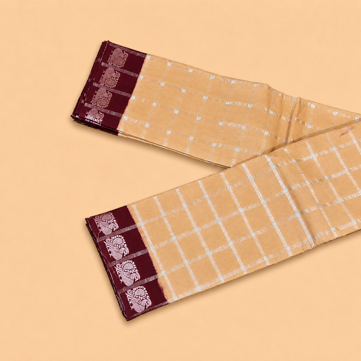 Peach Checked Sungudi Cotton Saree with Maroon Border