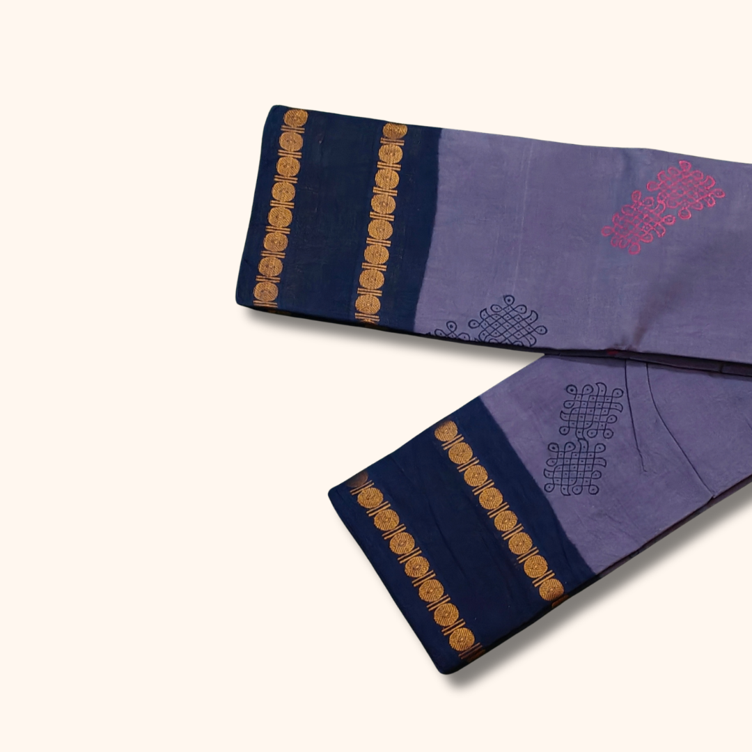 Lavender Purple Kolam Design Cotton Saree with Navy Blue Running Blouse