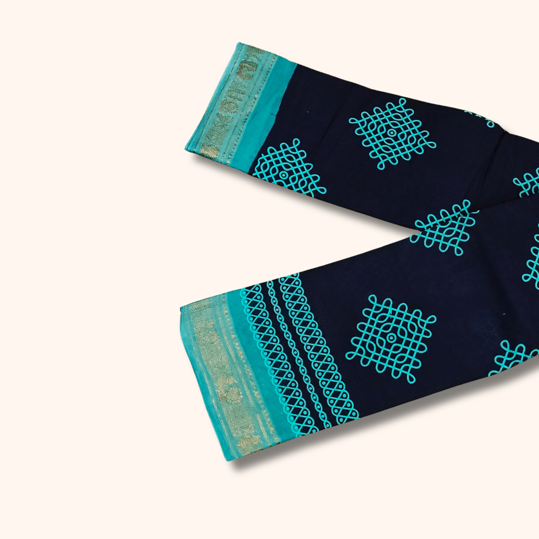 Navy Blue Kolam Sungudi Cotton Saree with Turquoise Border