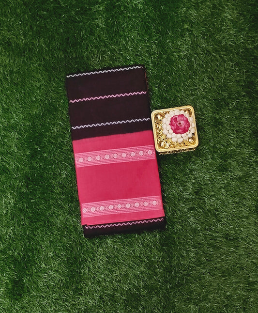 Dark Maroon Sungudi Cotton Saree with Silver Line Design & Pink Contrast Border