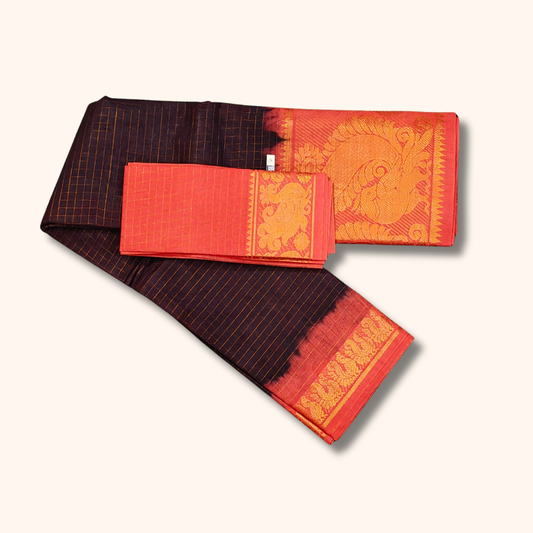 Brown Thread Work Sungudi Cotton Saree with Coral Peach Contrast Peacock Zari Border