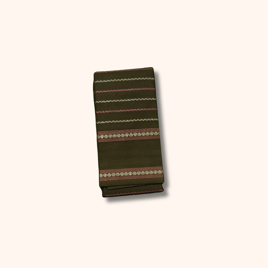 Olive Green Cotton Saree with Traditional Striped Design – Running Blouse