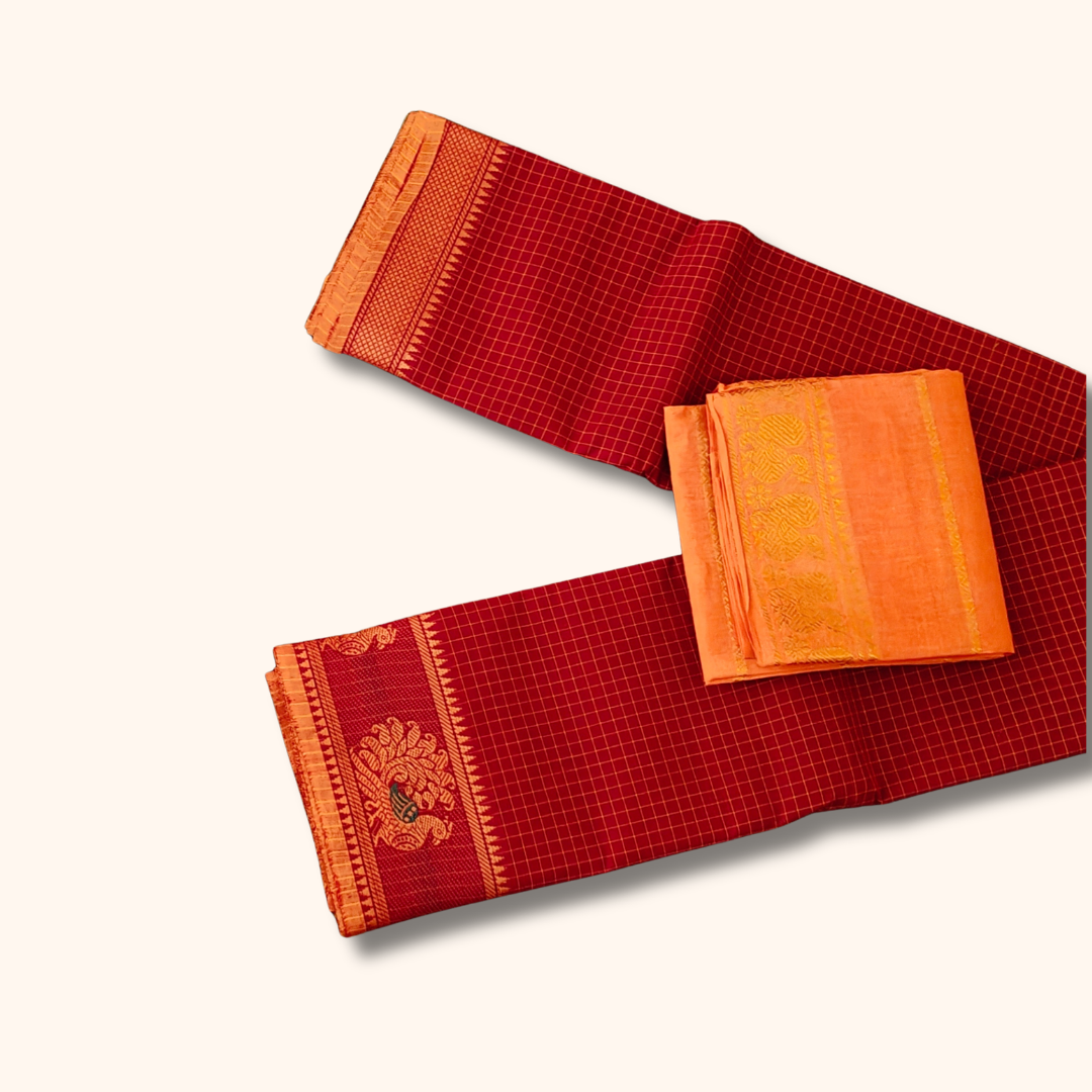 Maroon Checked Chettinad Cotton Saree with Peach Peacock Border