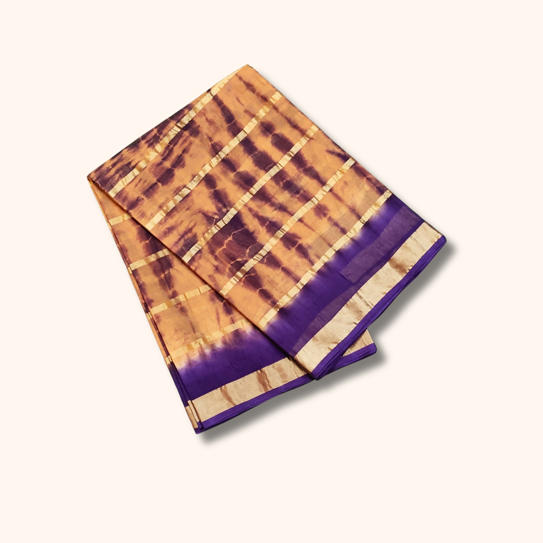 Mustard Yellow & Purple Tie-Dye Cotton Saree with Gold Zari Border