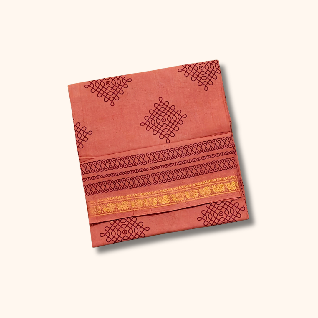 Peach Pink Sungudi Cotton Saree with Kolam Motifs